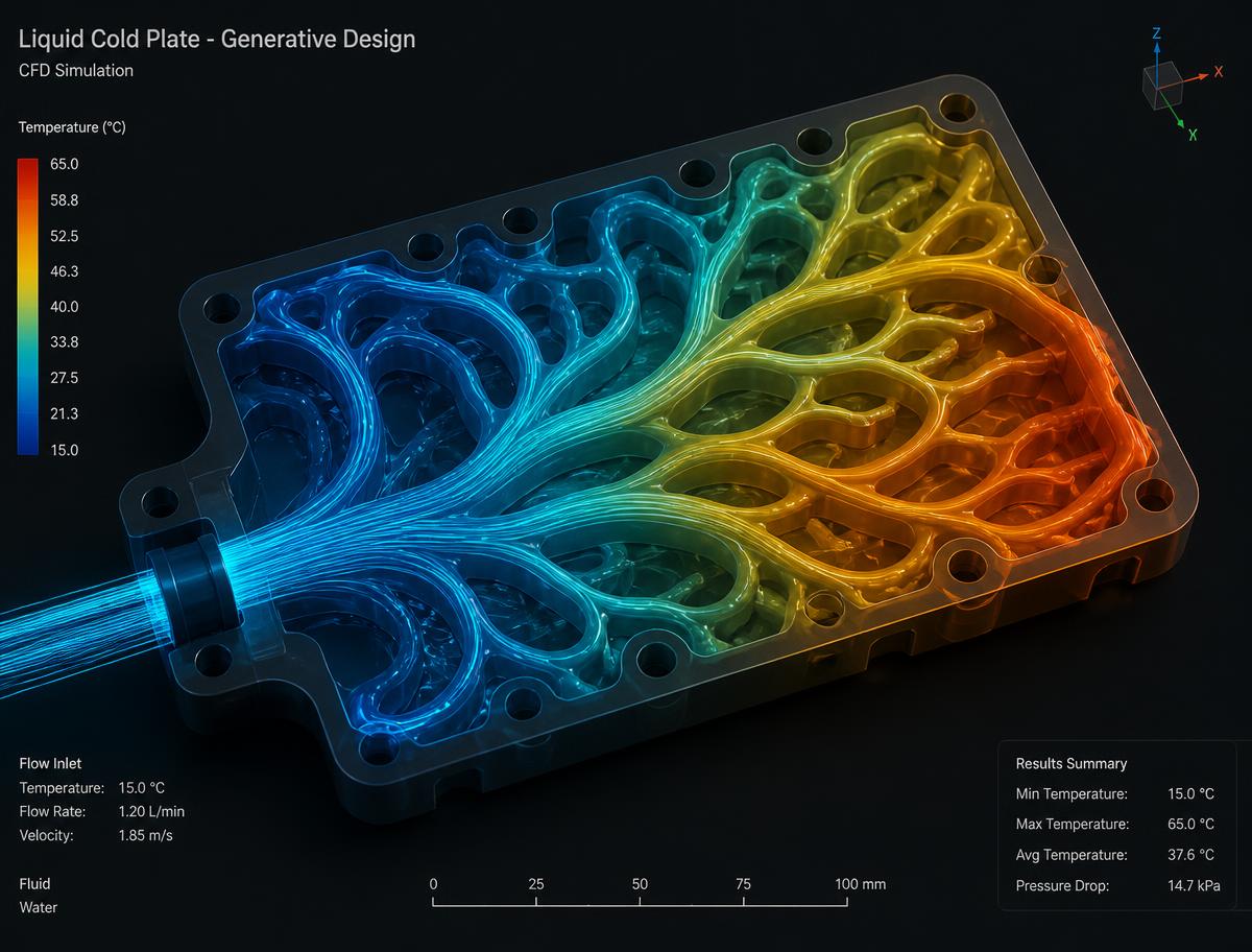 CFD render of a generatively designed liquid cold plate with temperature colormap